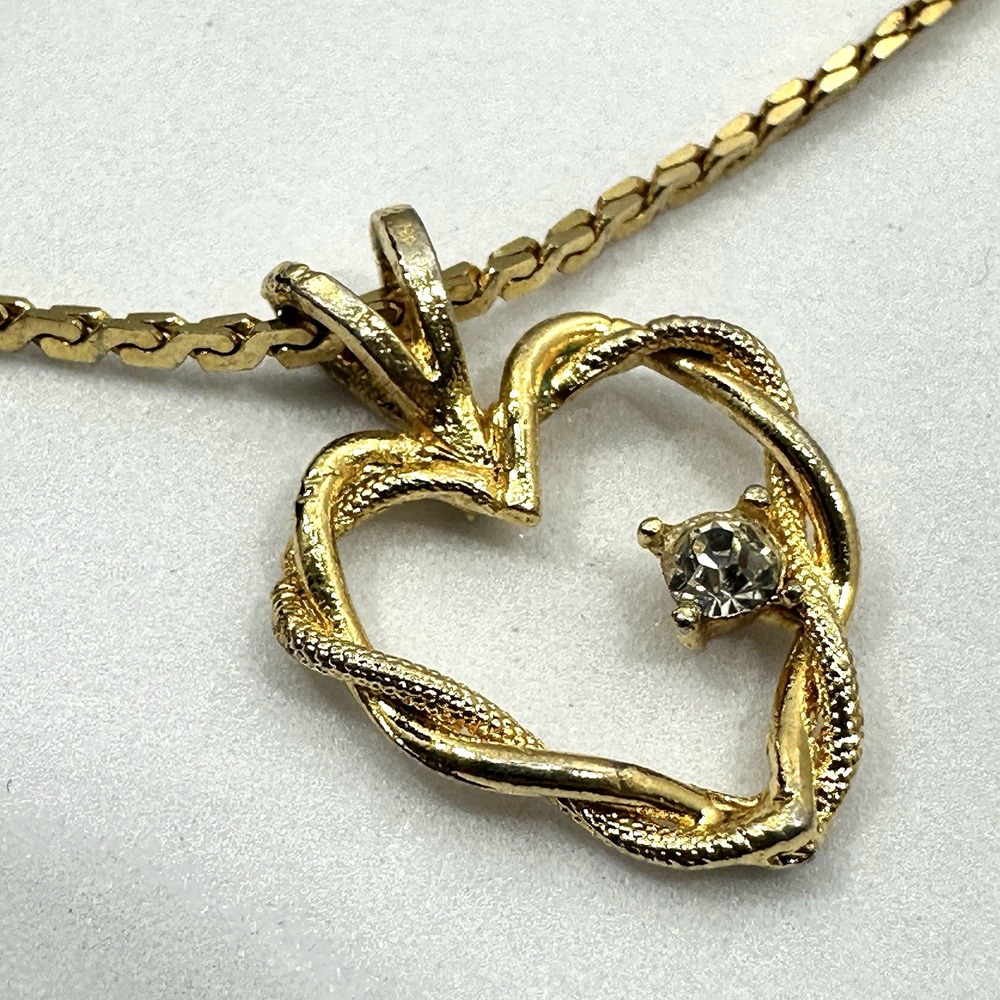 Les Bernard Open Heart Necklace Gold Tone Rhinestone Pendant Signed Vintage